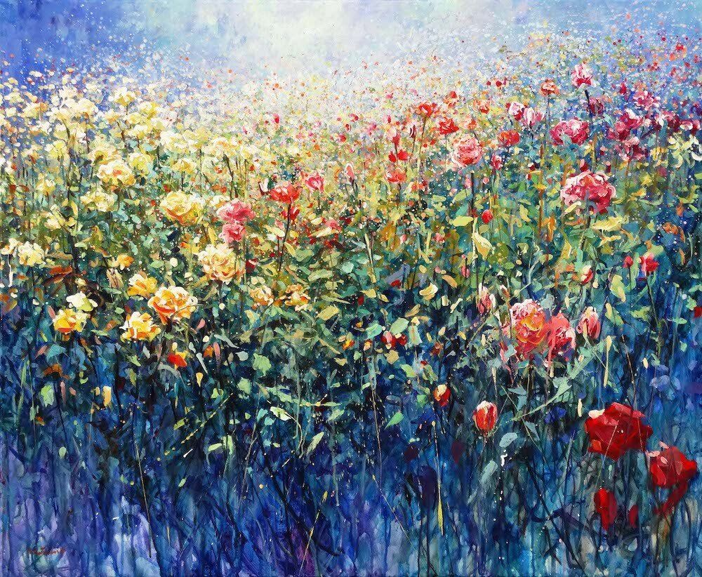 Flowers painting “Rose Garden” by Mariusz Kaldowski — acrylic on canvas, 100 × 120 cm