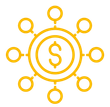A yellow icon of a dollar sign in a circle with circles around it.
