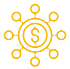 A yellow icon of a dollar sign in a circle with circles around it.