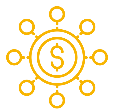 A yellow icon of a dollar sign in a circle with circles around it.