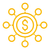 A yellow icon of a dollar sign in a circle with circles around it.