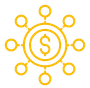 A yellow icon of a dollar sign in a circle with circles around it.