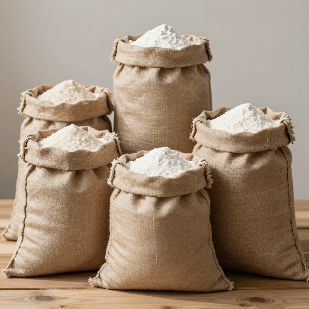 Cinque sacchi di iuta riempiti di grano bianco o farina impilati su uno sfondo beige uniforme