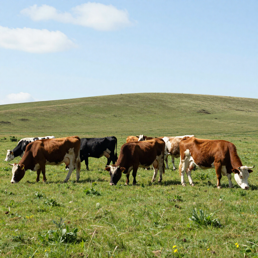 Mucche al pascolo in un campo verde con una collina erbosa e il cielo azzurro sullo sfondo.