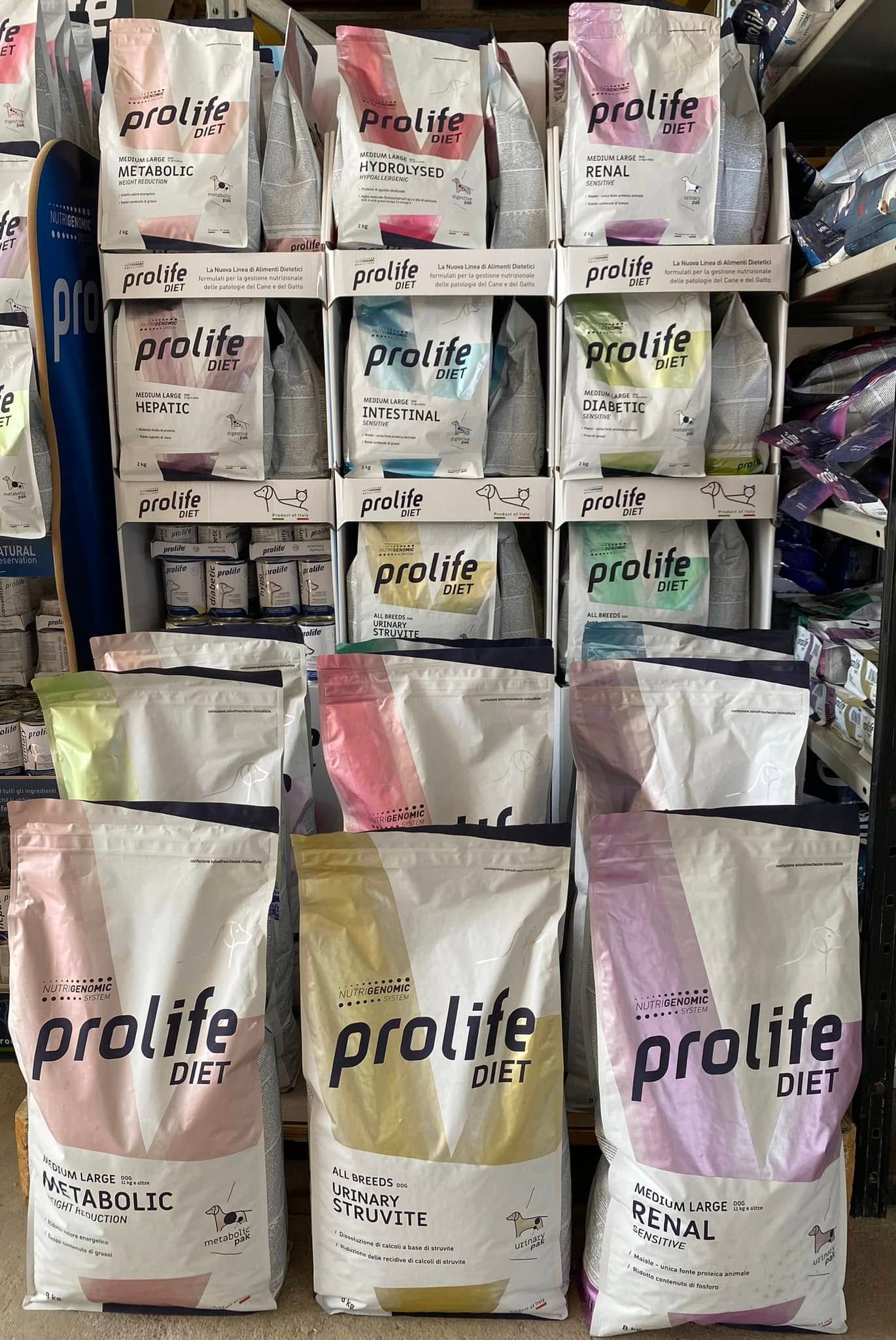 Scaffali riforniti di sacchetti di cibo per animali Prolife in confezioni bianche, rosa e grigie.
