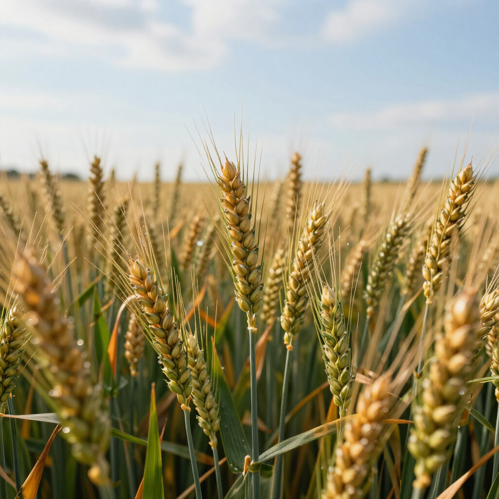 Campo di grano dorato con steli maturi sotto un cielo azzurro brillante