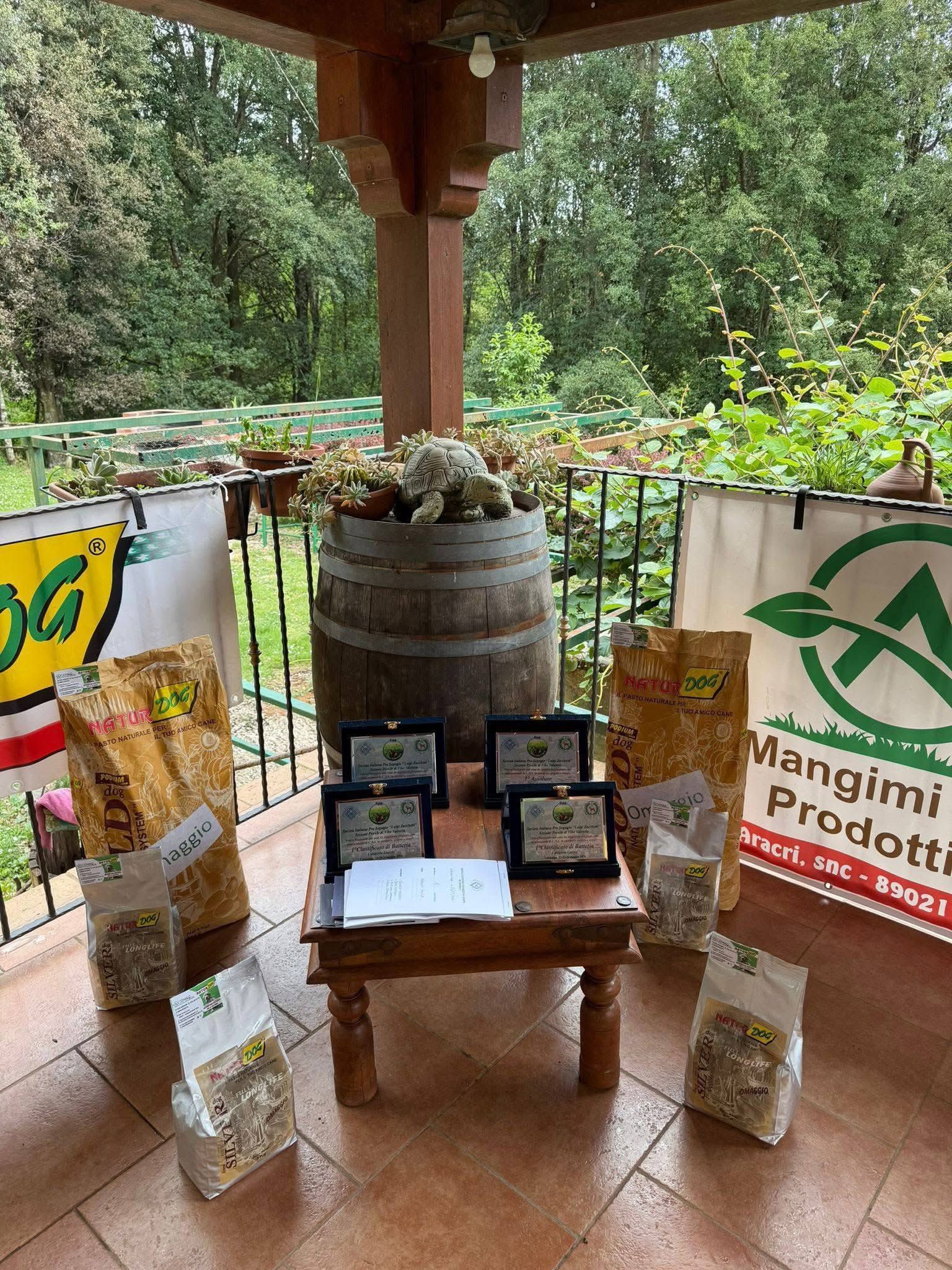 Bancarella di un venditore con piante in vaso, bustine di semi e cartelli dei prodotti su un piccolo tavolo di legno all'aperto.