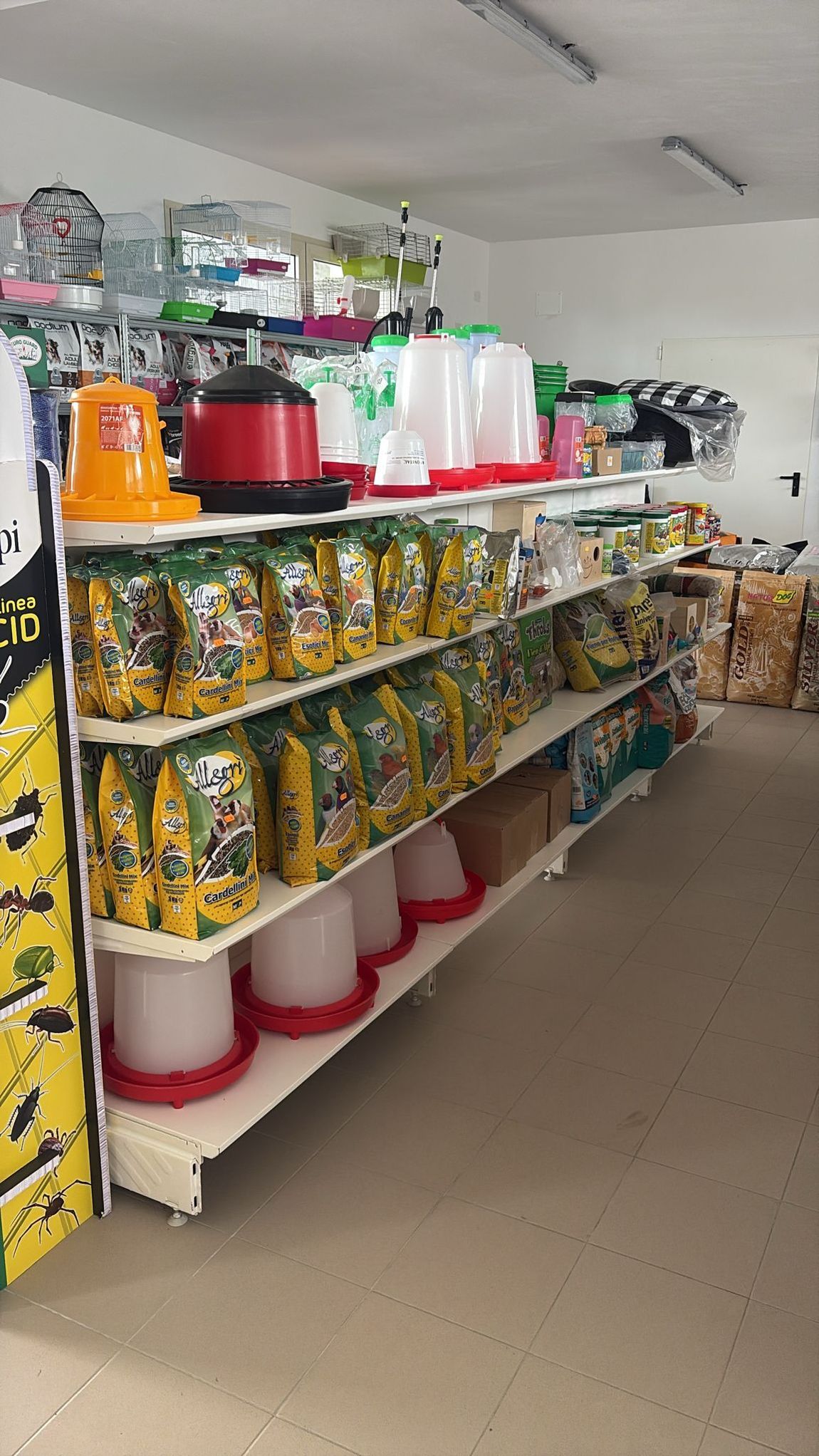 Corridoio del negozio pieno di secchi di plastica colorati, bacinelle e articoli per la casa sugli scaffali