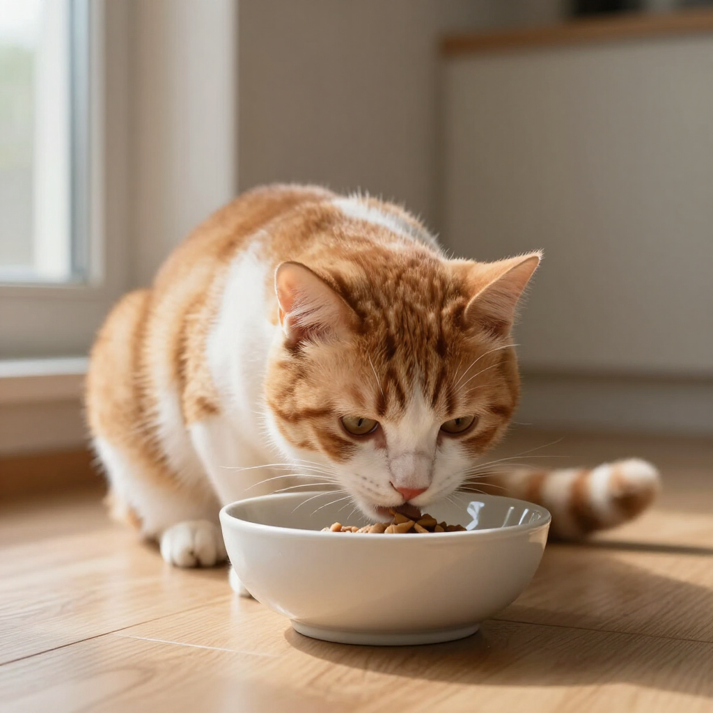 Gatto soriano arancione che mangia da una ciotola su un pavimento di legno vicino a una finestra