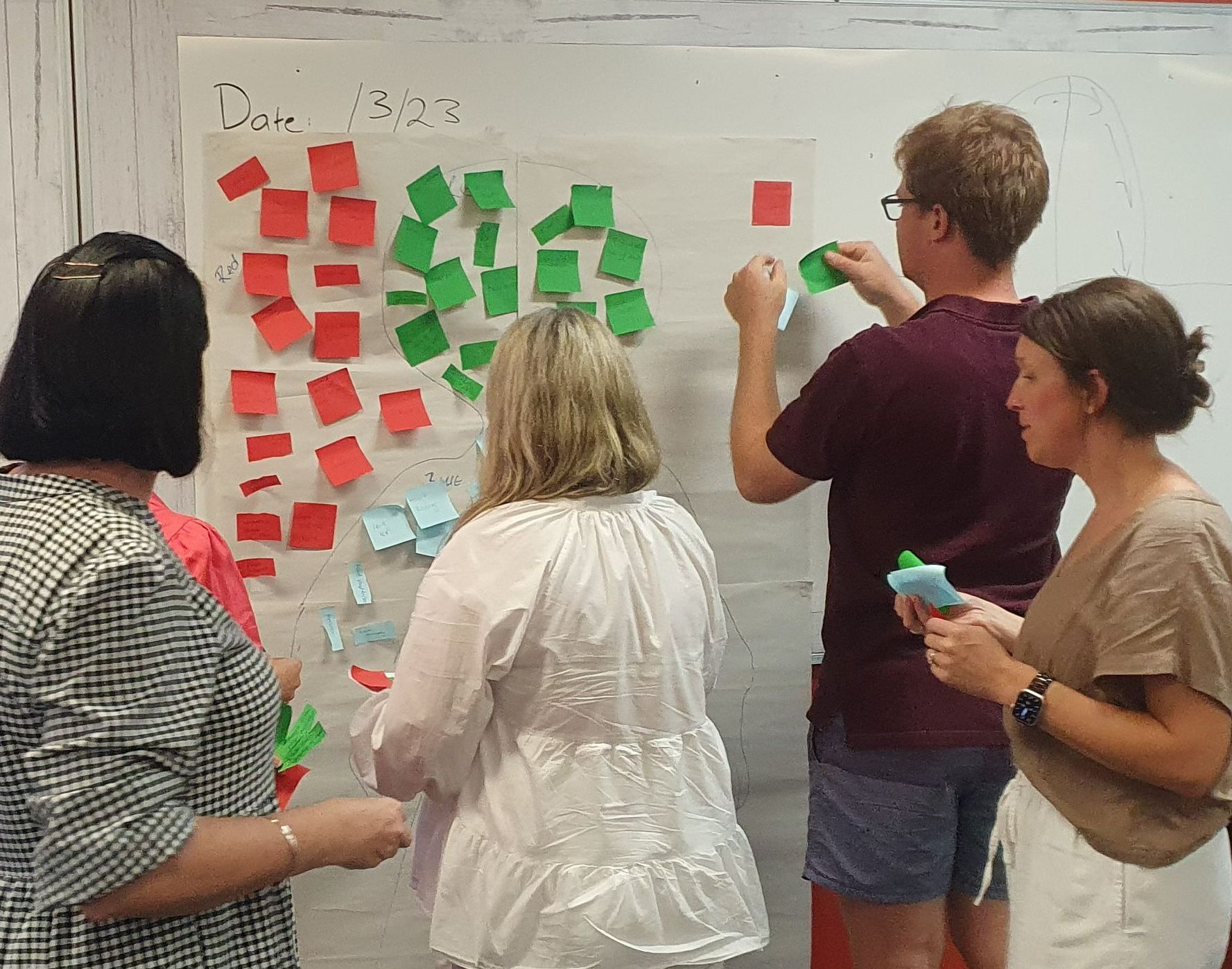 People placing red and green sticky notes on a whiteboard during a brainstorming session