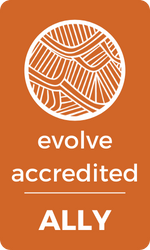 Orange “evolve accredited ALLY” badge with white woven circle icon and text.