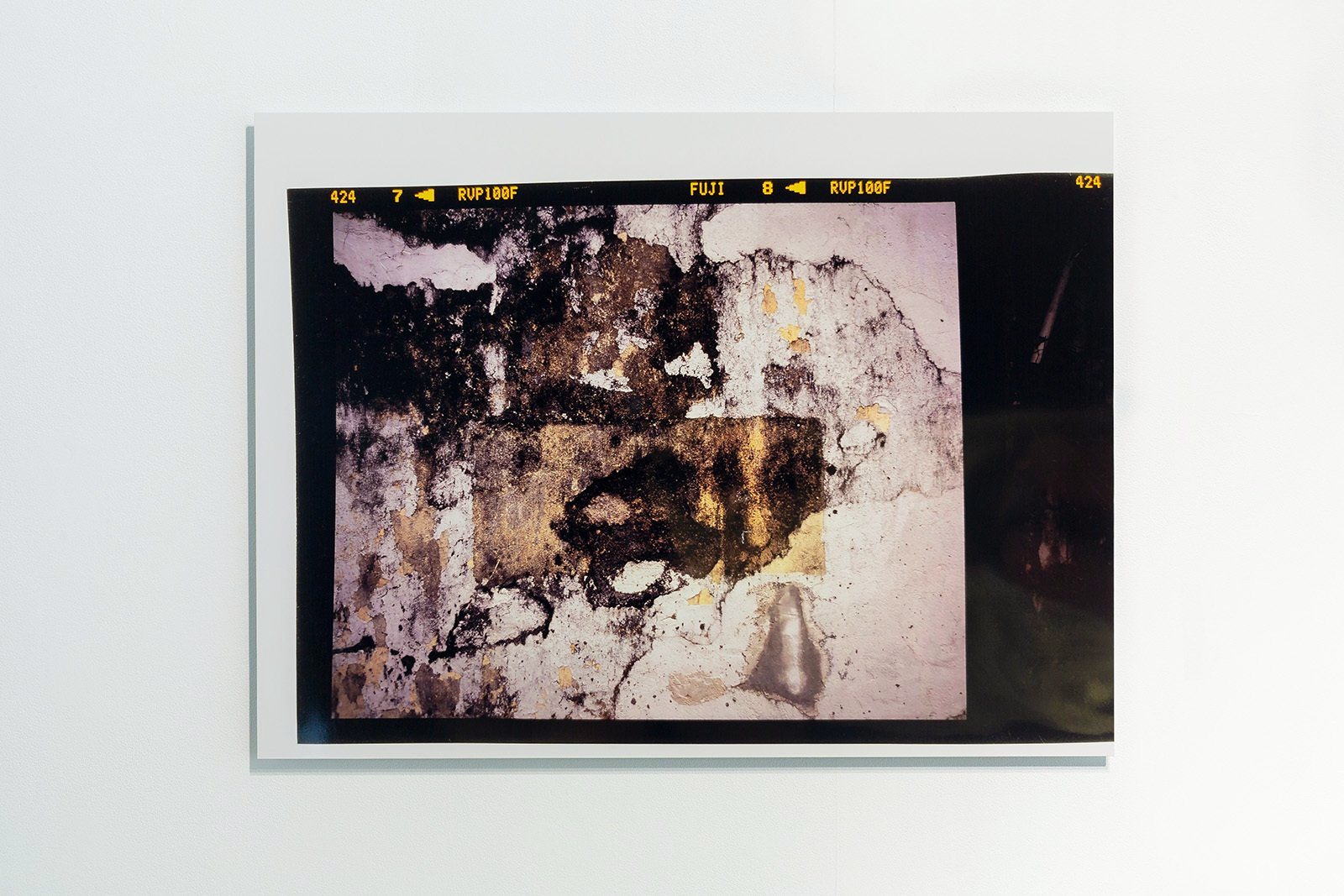  Missing sign, Kai Yuen Lane, date unknown. Fujicolor RVP100F slide film (Kodak E100VS film discontinued), 120mm. (2019) 75x100cm. Digital c-print. Installation view. Photograph by Jessica Maurer. 