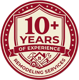 Red badge logo reading “10+ Years of Experience” and “Remodeling Services,” with house and tools icon.