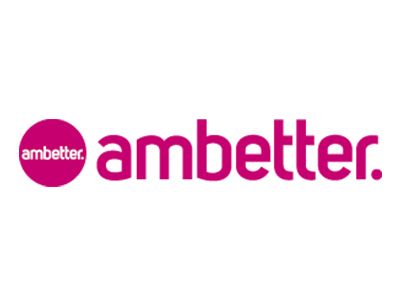 A pink and white logo for ambetter on a white background