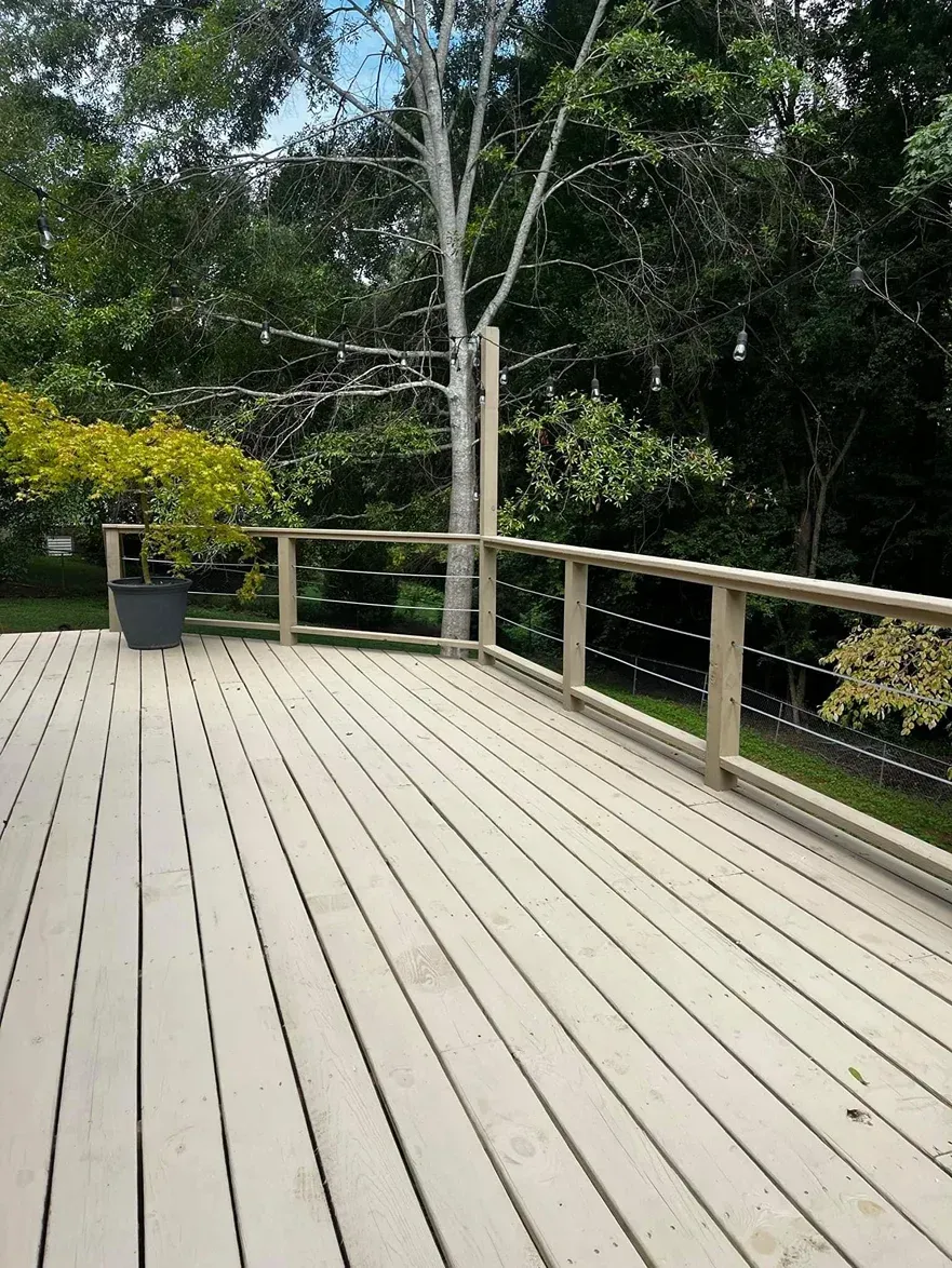 Wooden deck with railing overlooking lush trees and a potted plant