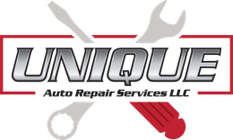 Logo for Unique Auto Repair Services LLC: silver text on a red and white rectangle, with tools crossing the rectangle.