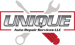 Logo for Unique Auto Repair Services LLC: Silver text in a red-bordered rectangle, with crossed tools in the background.