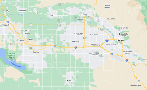 Map showing excavation service boundaries for Preferred Excavation in Garden Valley, Idaho