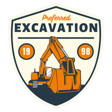 Shield logo: Orange excavator;