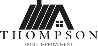Logo for Thompson Home Improvement: a stylized black roof icon with a chimney and small window over the text.