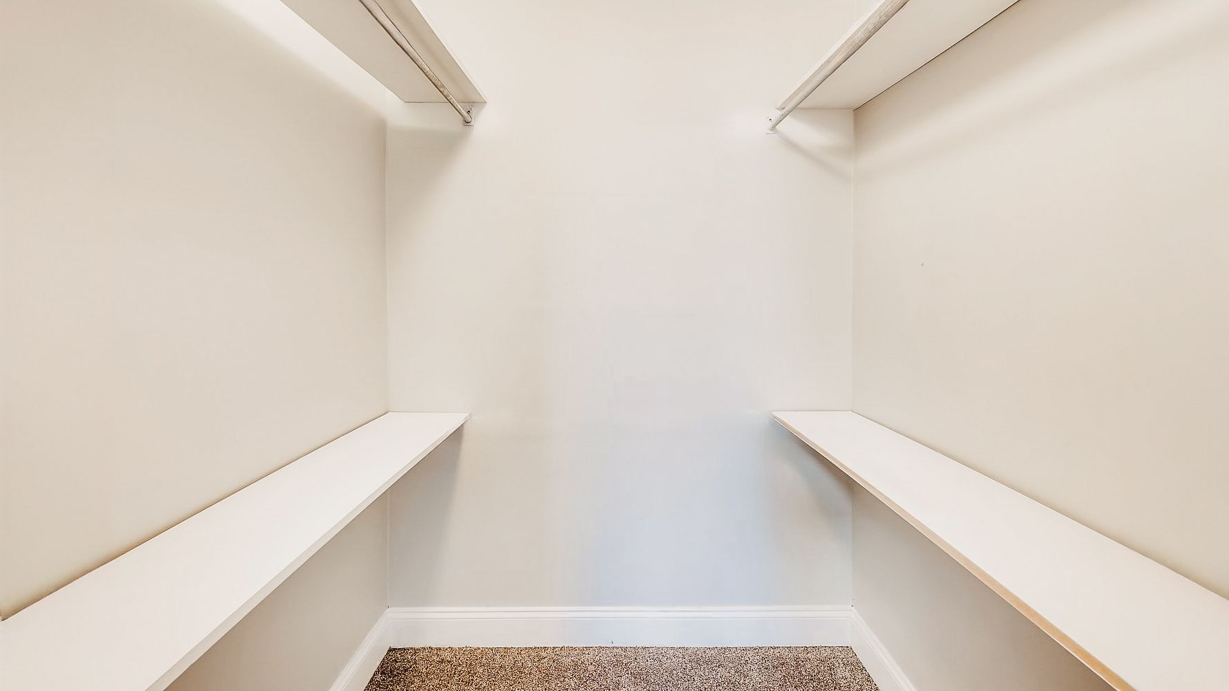 Empty white walk-in closet with built-in shelves on both sides and carpeted floor.