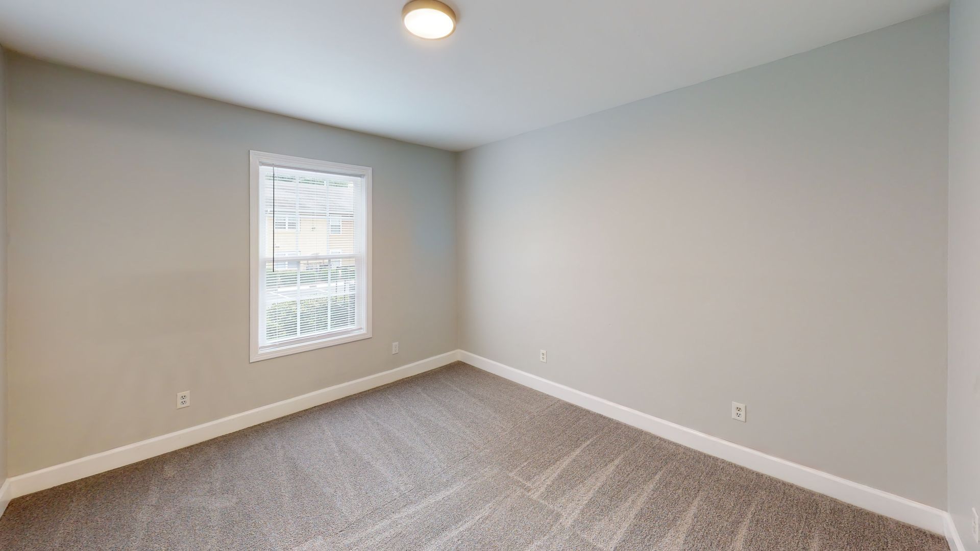 Empty carpeted bedroom with light gray walls, a window, and a ceiling light.