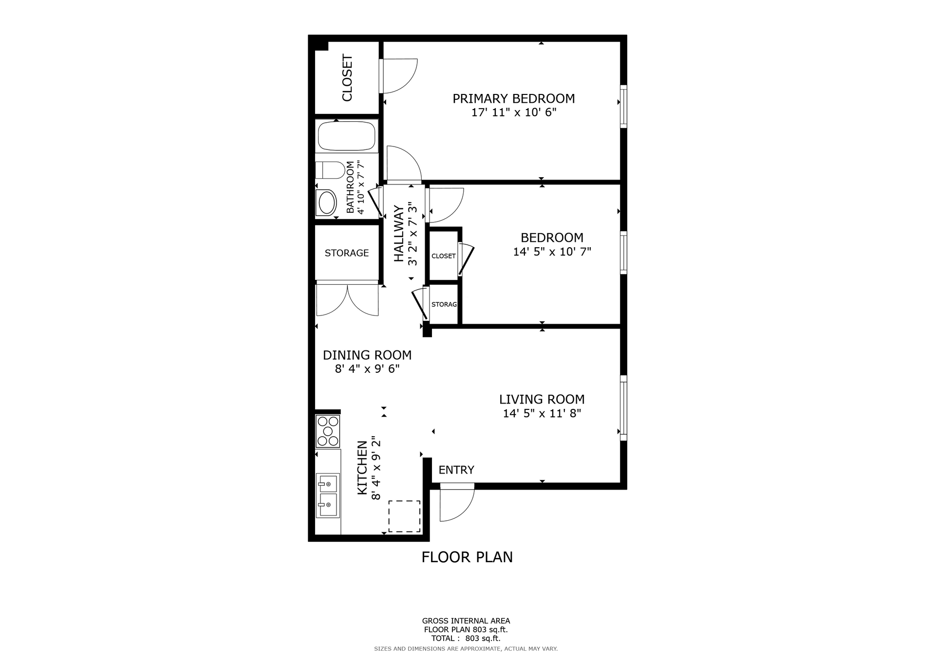 Black-and-white floor plan sketch of a small house layout with labeled rooms and walls