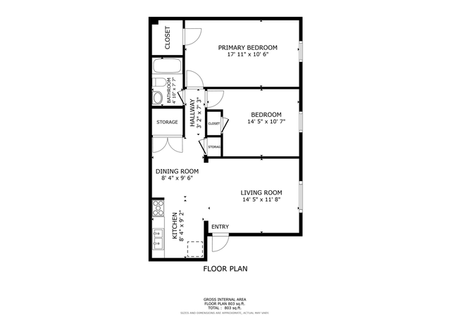 Black-and-white floor plan sketch of a small house layout with labeled rooms and walls