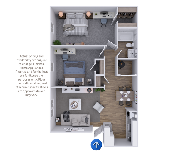 Top-down floor plan of a small apartment with bedroom, living room, kitchen, bath, and dining area, plus a blue arrow marker