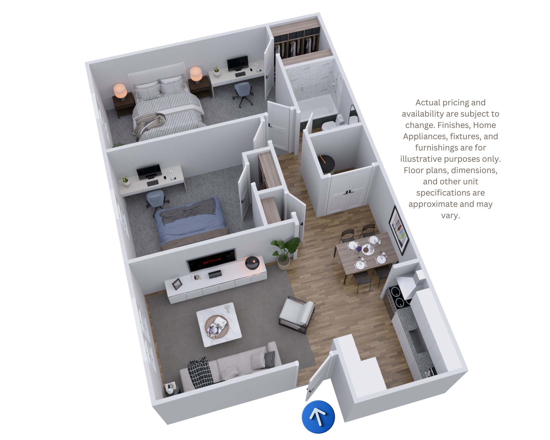 3D floor plan of a modern apartment with living room, kitchen, bedroom, bathroom, and hallway in neutral tones