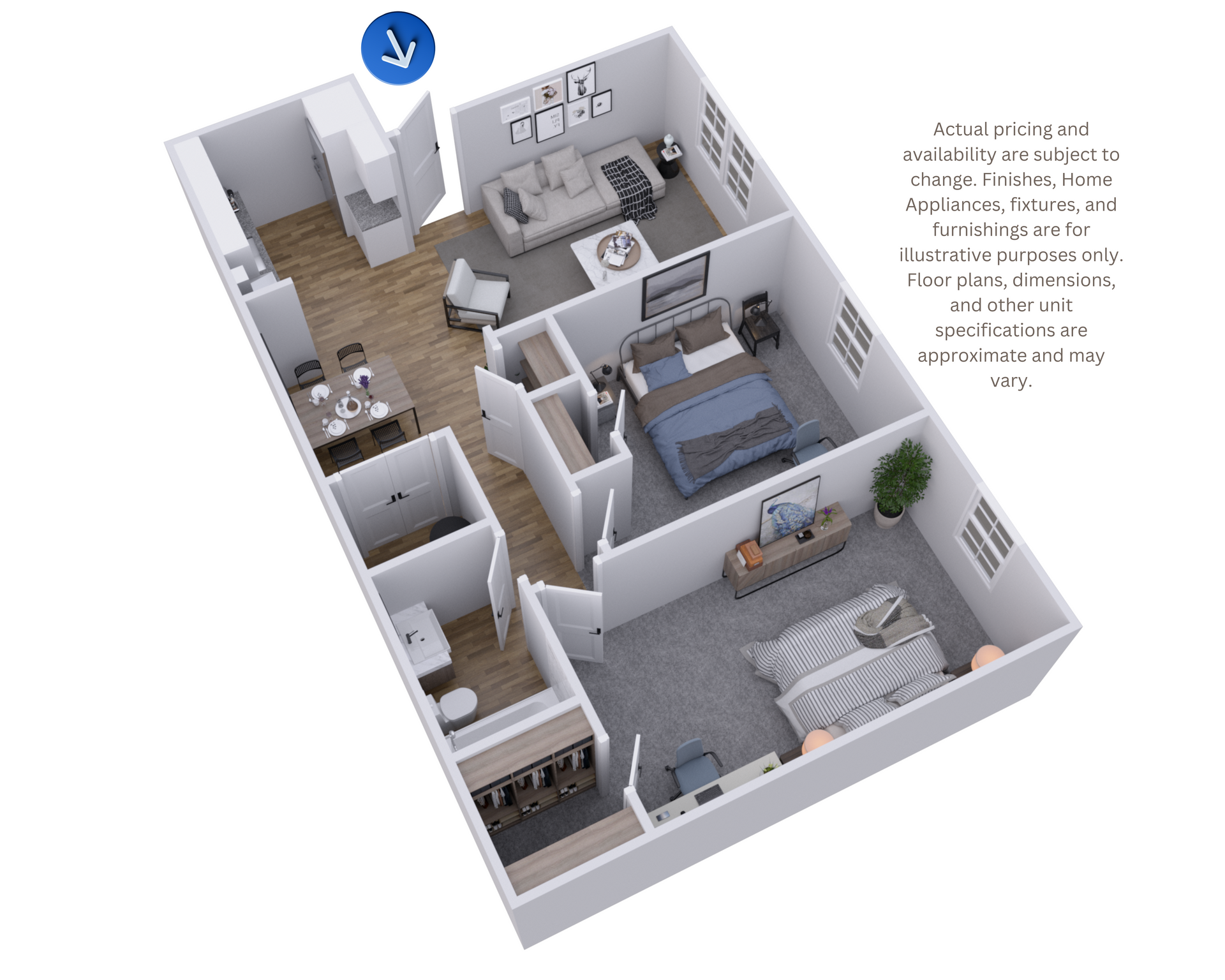 3D floor plan of a compact apartment with bedroom, living area, kitchen, and bathroom