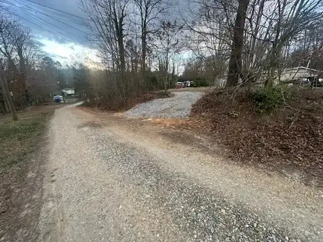 Gravel road curving through leafless trees on a cloudy day, with a small hill and houses nearby