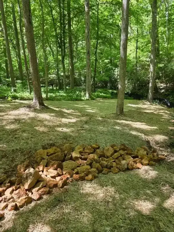 Stacked rocks in a wooded clearing with trees and dappled sunlight.