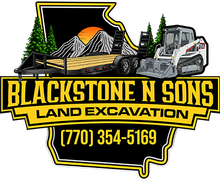 Blackstone N Sons land excavation logo with excavator, dump trailer, skid steer, and phone number (770) 354-5169
