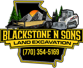Blackstone N Sons land excavation logo with excavator, dump trailer, skid steer, and phone number (770) 354-5169