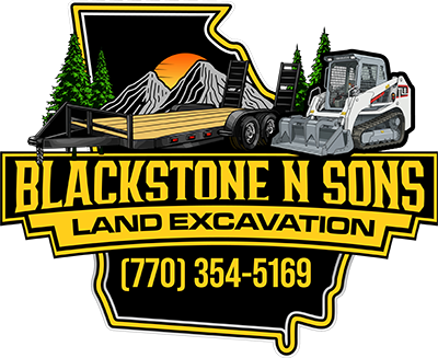 Blackstone N Sons land excavation logo with excavator, dump trailer, skid steer, and phone number (770) 354-5169