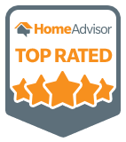 HomeAdvisor Top Rated badge featuring orange text and five stars against a white background with a dark gray border.