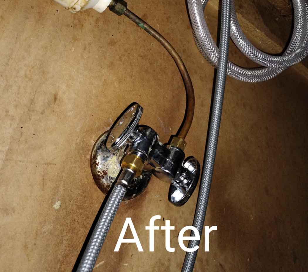 Under-sink plumbing valve and hoses labeled “After” on a brown cabinet background