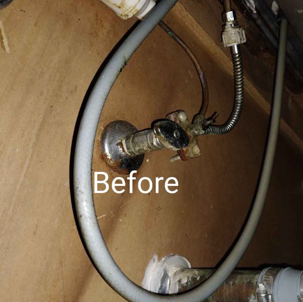 Under-sink plumbing with a damaged shutoff valve and hose, labeled “Before”