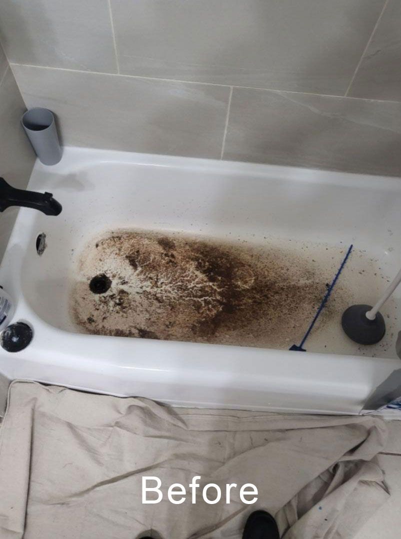 Dirty bathtub with brown grime buildup and cleaning tools, labeled “Before”