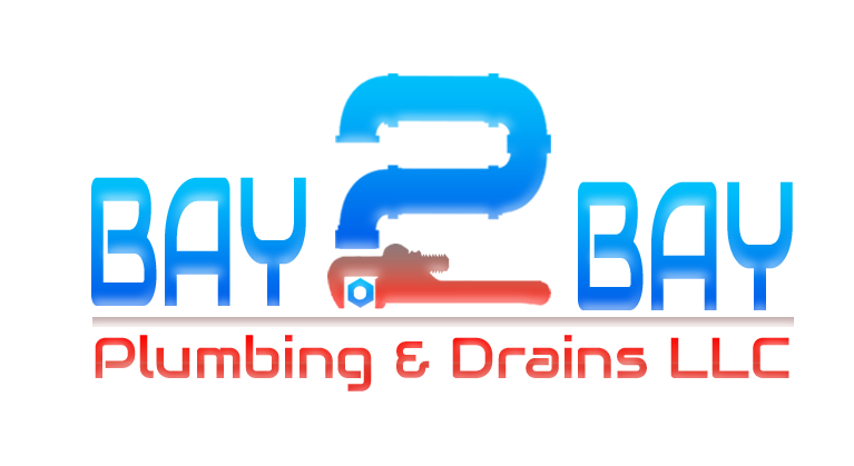 BAY 2 BAY Plumbing & Drains LLC logo in blue and red with pipe-shaped numeral 2