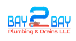 BAY 2 BAY Plumbing & Drains LLC logo in blue and red with pipe-shaped numeral 2