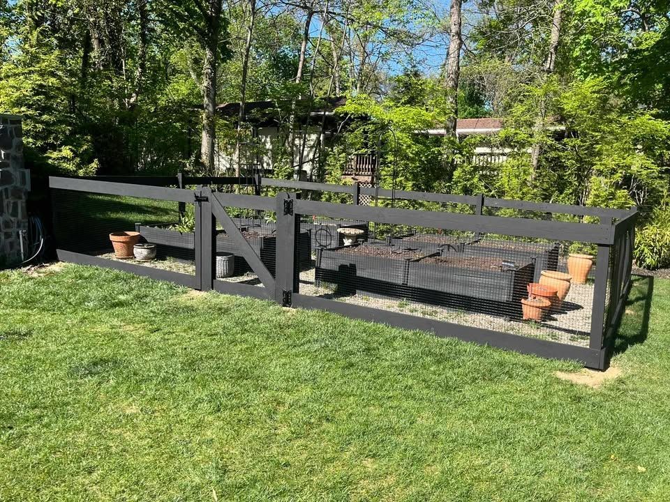Black fenced garden with raised beds, terracotta pots, and green grass in a sunny backyard.