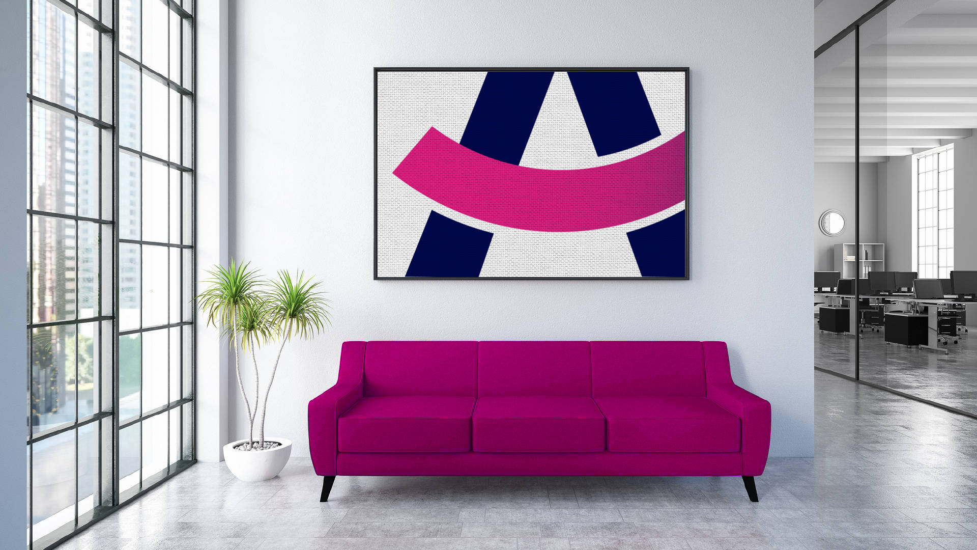 A living room with a pink couch and a large painting on the wall.