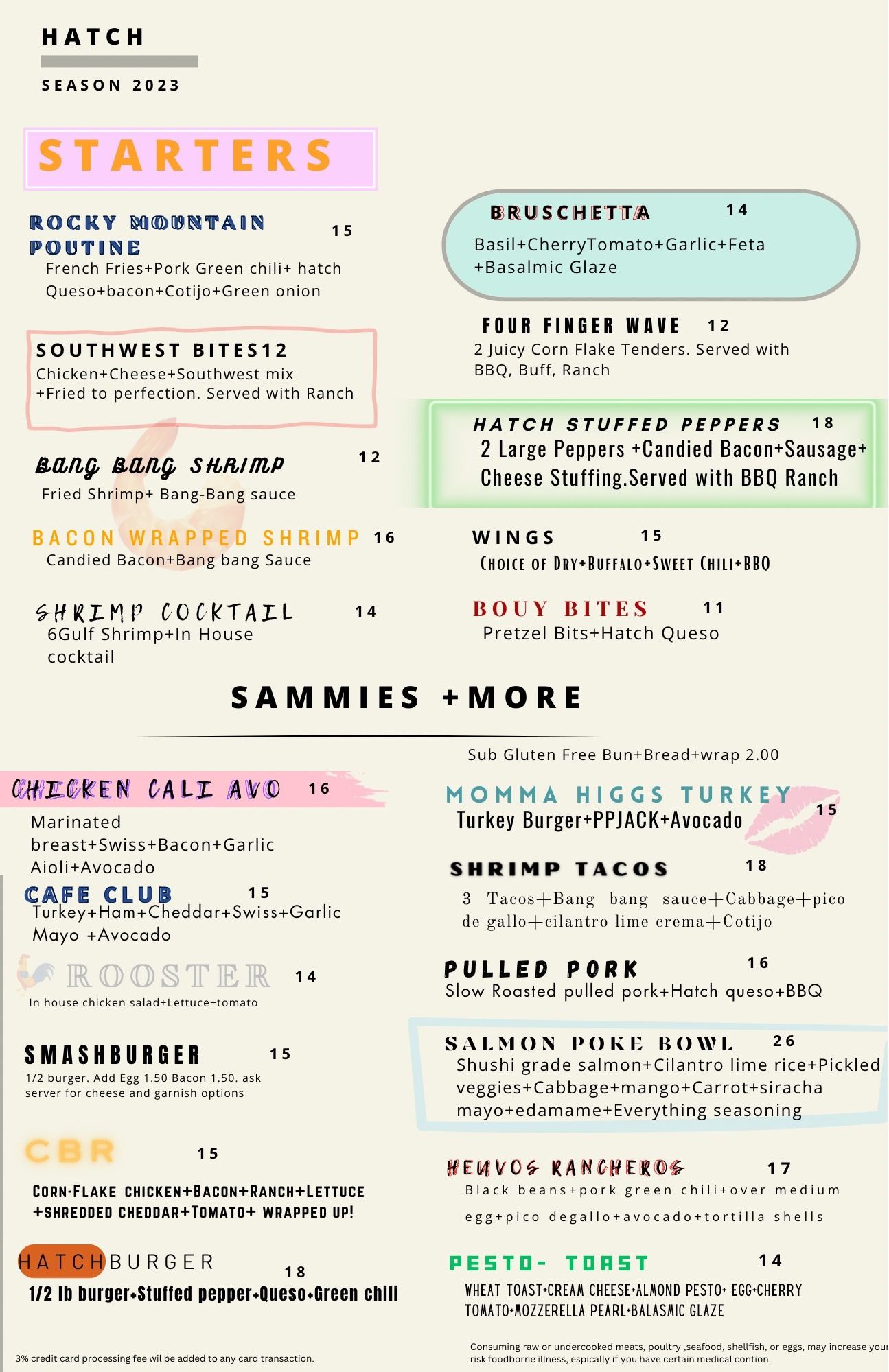 Pastel restaurant menu with starters and sandwiches sections on a cream background