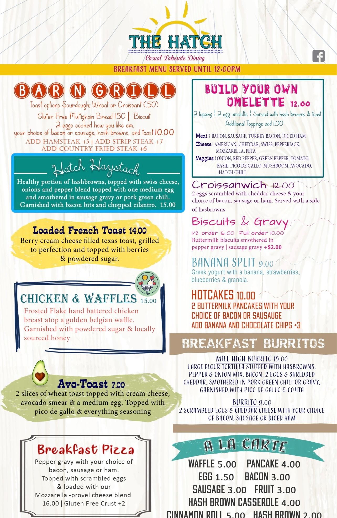 Colorful diner breakfast menu from The Hatch with items like omelettes, French toast, waffles, burritos, and eggs