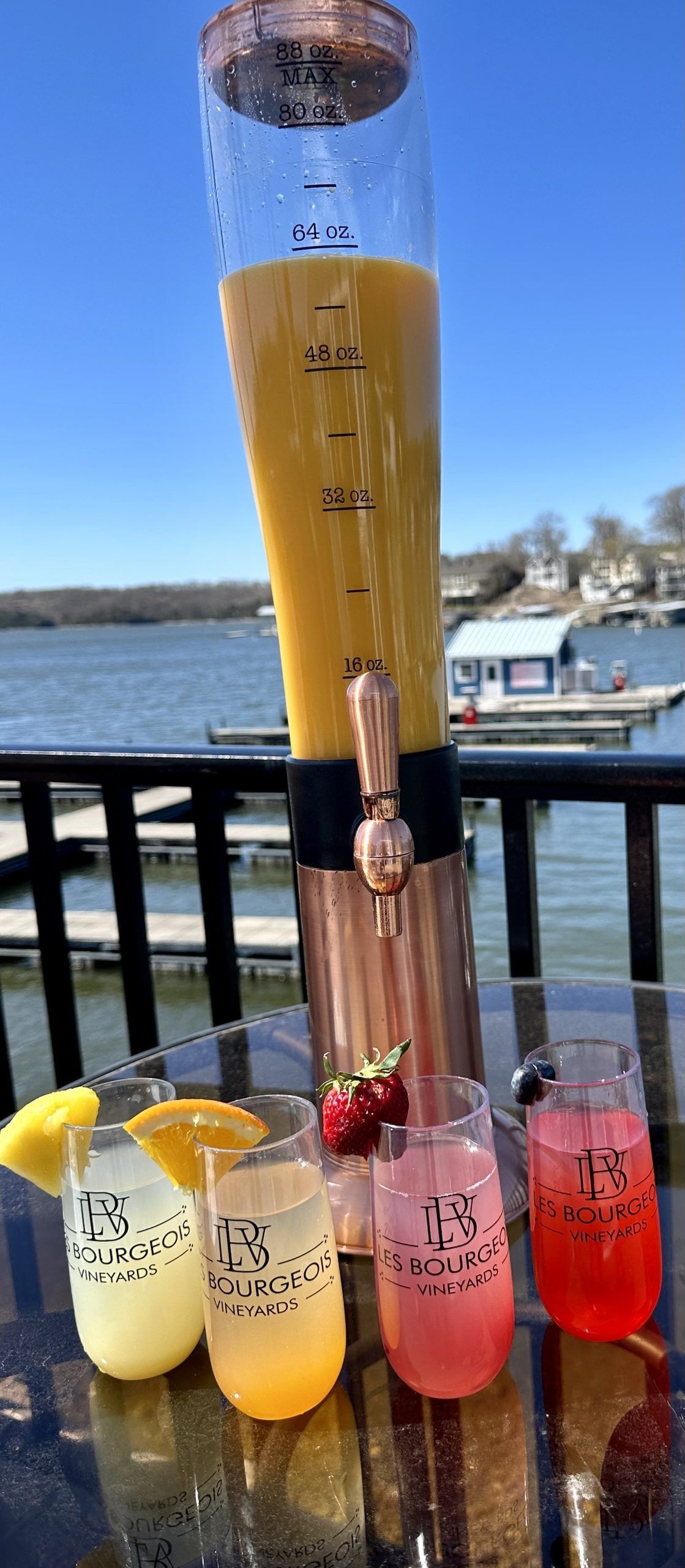 Five colorful cocktails lined on a table beside a waterfront dock and boats.