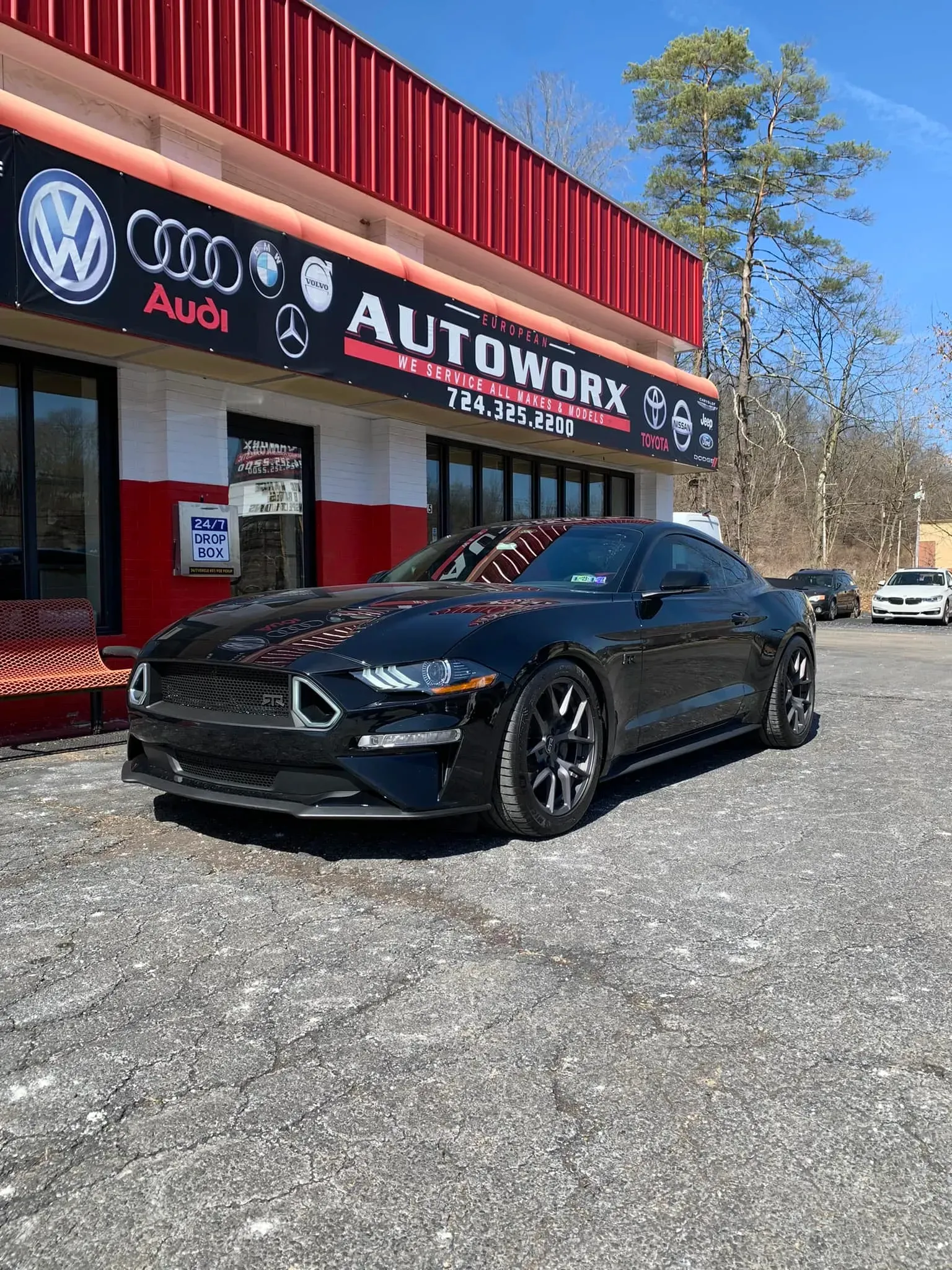 Black Ford Mustang Parked in Front of Shop | European Autoworx
