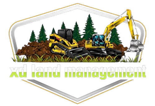 XL Land Management logo with yellow excavator, trees, dirt, and silver hexagonal frame