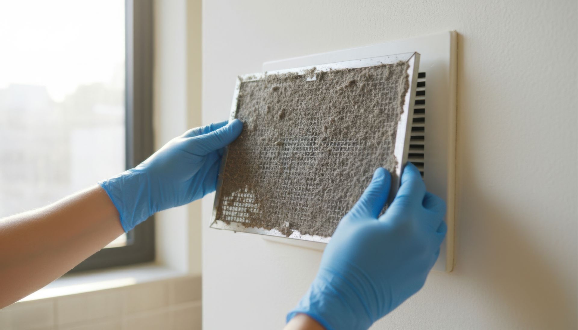 vent replacement removing dirty air vent cover with gloves showing dust buildup on HVAC vent. vent replacement removing dirty air vent cover with gloves showing dust buildup on HVAC vent.